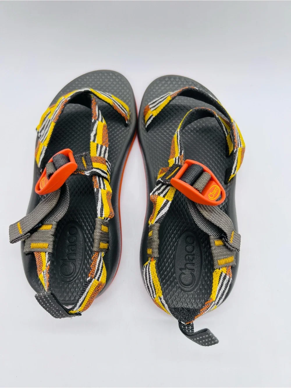 Chaco Kids Z1 Ecotread Sandals in Black, Orange, Yellow Checkerboard Size 3